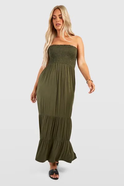 Многоуровневое платье макси Plus с присборками-бандо boohoo, хаки