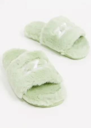 Зеленые слиперы из переработанного искусственного меха Monki String-Зеленый цвет