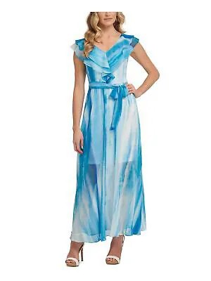 Женское синее шифоновое платье макси с развевающимися рукавами и расклешенным поясом DKNY 8