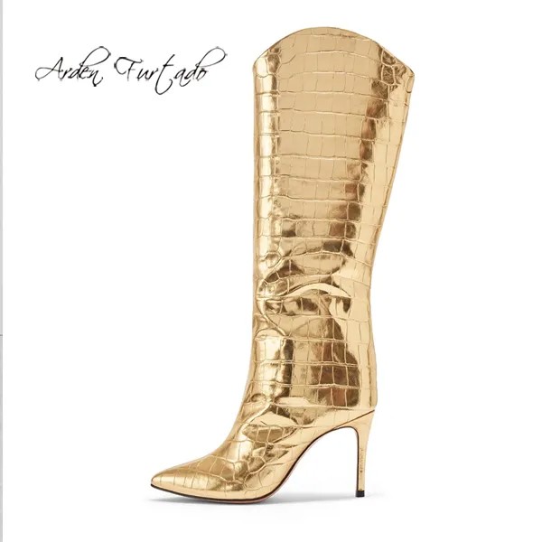 Модная женская обувь с острым носком на шпильке Arden Furtado 2020, сексуальные элегантные женские сапоги, слипоны, золотые сапоги до колена, 45