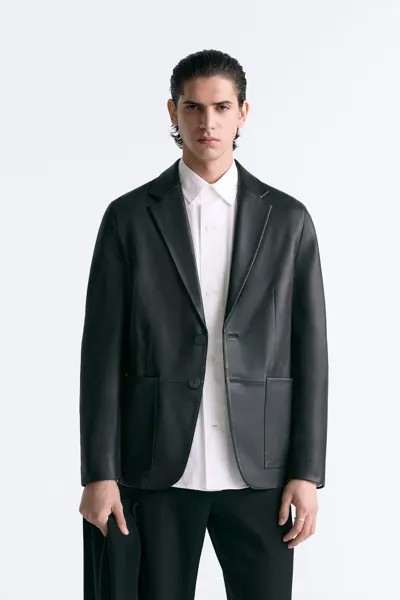 Кожаный пиджак ZARA, серый