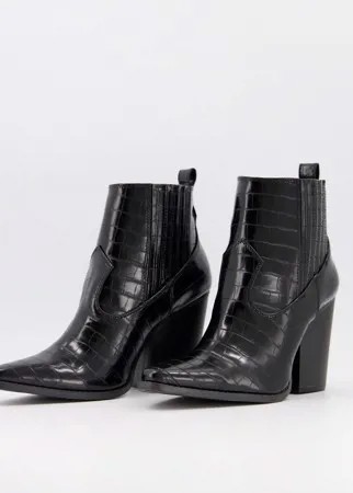 Черные ботильоны на каблуке в стиле вестерн с эффектом крокодиловой кожи Qupid-Черный