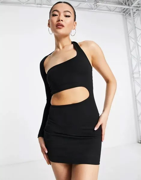 Черное асимметричное мини-платье из неопрена с разрезом на большой палец Rebellious Fashion