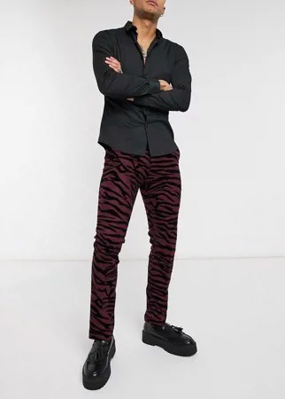 Костюмные брюки бордового цвета с тигровым флокированным рисунком Twisted Tailor-Красный