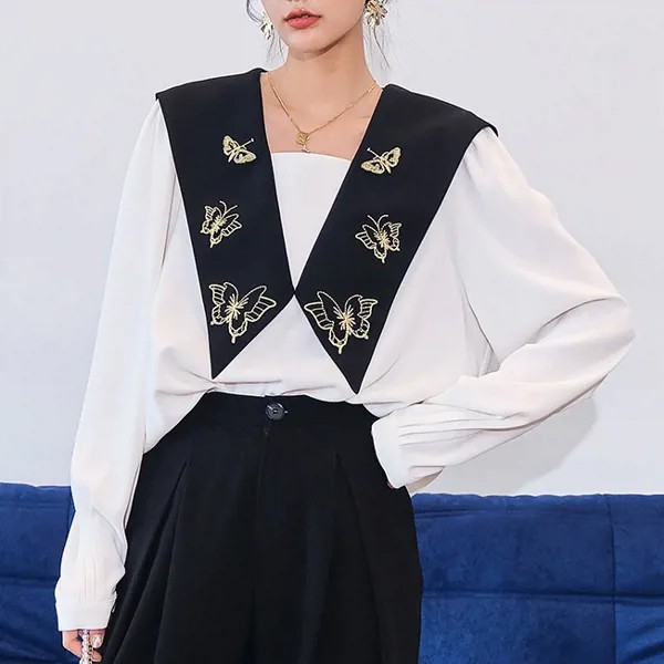 Женская винтажная блузка с вышивкой бабочки, новинка 2021 года, корейский шикарный Свободный Топ с длинным рукавом и отворотом контрастных цв...