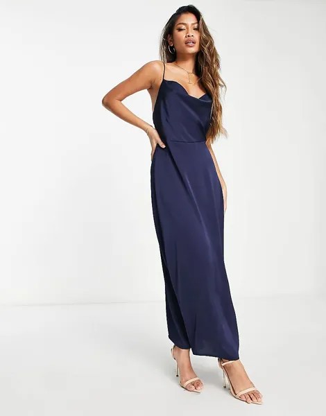 Vila – Bridesmaid – Темно-синее атласное платье макси с воротником-хомутом