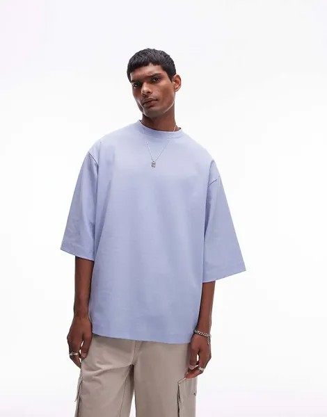 Качественная голубая тяжелая повседневная футболка Topman с рукавами средней длины, плотность 300 г/м²