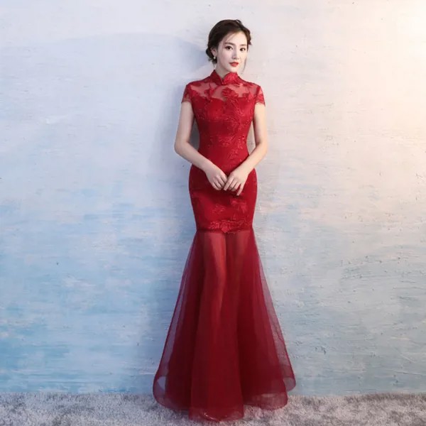 Китайская традиционная одежда Ципао Свадебные винно-красного цвета для женщин кружевное торжественное мероприятие вечерние коктейльное платье подружки невесты длинное платье Чонсам Халат