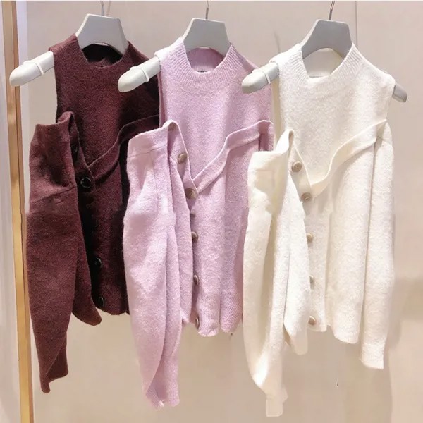 Милые японские свитера для Neploe, Новинка осени 2021, женские джемперы, однотонные, с круглым вырезом, с открытыми плечами, с асимметричными пуго...