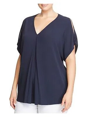 MICHAEL KORS Женская темно-синяя фактурная плиссированная блузка с короткими рукавами и V-образным вырезом Plus 0X