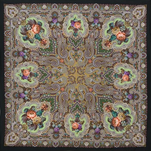 Платок Павловопосадская платочная мануфактура,148х148 см, зеленый, коричневый