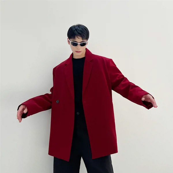 Винно-Красный Блейзер, мужские костюмные куртки, очень простой стиль, яркий цвет, ретро Западный стиль, Модный повседневный дизайн, темпераментное пальто