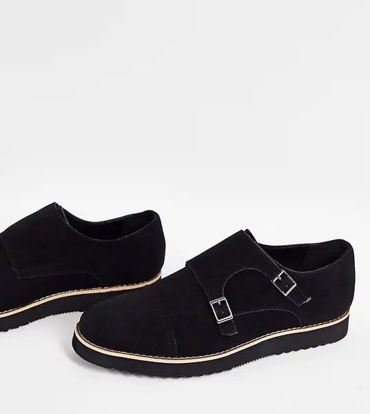 Блестящие повседневные туфли-монки черного цвета с ремешками для широкой стопы Truffle Collection Wide Fit-Черный