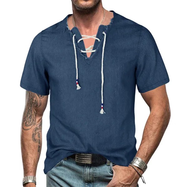Мужская джинсовая рубашка Cross Border Мужская футболка с V-образным вырезом Tether Tassel Denim Henley Top