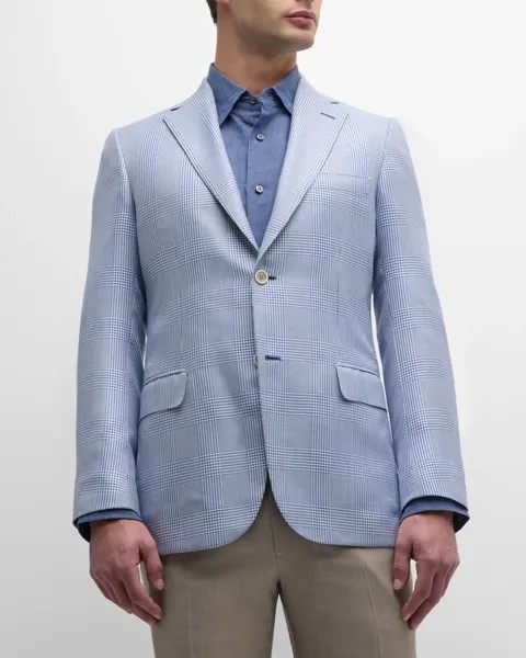 Мужское спортивное пальто из шерсти и шелка в клетку Brioni, цвет White Sky Blue