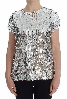 DOLCE - GABBANA Блузка-футболка Топ серебристый с круглым вырезом с пайетками IT40/ US6/S Рекомендуемая розничная цена 980 долларов США