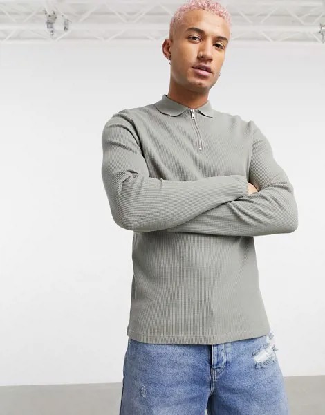 Поло из вафельного трикотажа цвета хаки с длинным рукавом и молнией ASOS DESIGN-Зеленый цвет