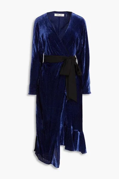 Бархатное платье миди Tulisa с запахом и оборками Diane Von Furstenberg, темно-синий