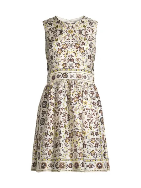 Шелковое мини-платье с узором пейсли Tory Burch, слоновая кость