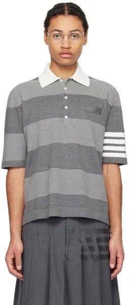 Серая футболка-поло в полоску Thom Browne, цвет Tonal gray