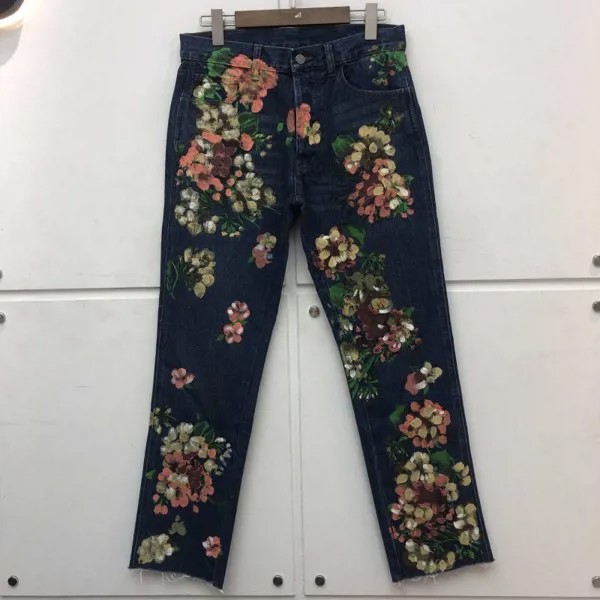 Мужские и женские винтажные потертые джинсы KZ596, с цветочным принтом и граффити, 2021