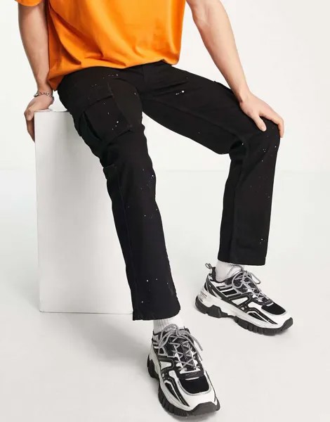 Черные узкие джинсы карго LDN Denim с брызгами краски