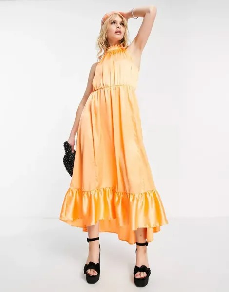 Оранжевое атласное платье макси с воротником-бретелькой JDY