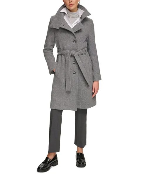 Женское пальто на пуговицах из смесовой шерсти с поясом Calvin Klein, серый