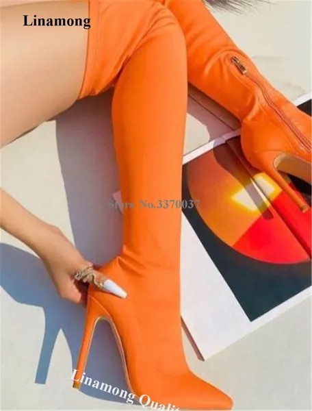 Модные сапоги-ботфорты на тонком каблуке, с острым носком, оранжевого, красного, розового цветов