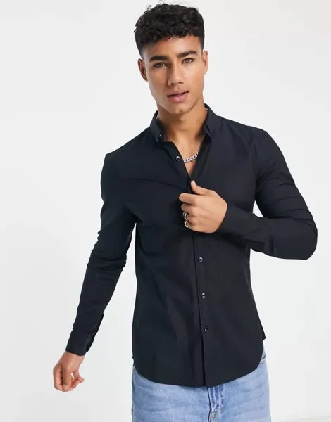 Черная оксфордская рубашка с длинными рукавами New Look