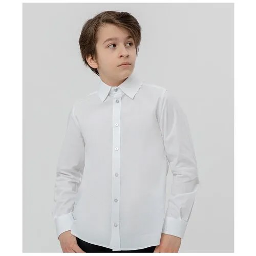 Школьная рубашка Button Blue, прилегающий силуэт, на пуговицах, длинный рукав, манжеты, однотонная, размер 164, белый