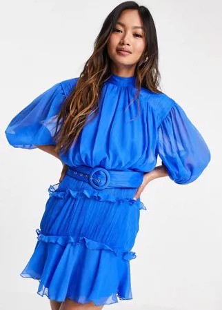 Платье мини с высоким воротником, оборками и поясом ASOS DESIGN-Многоцветный