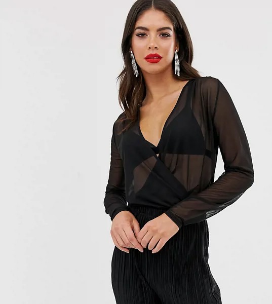 Сетчатый боди с длинными рукавами и запахом ASOS DESIGN Tall-Черный