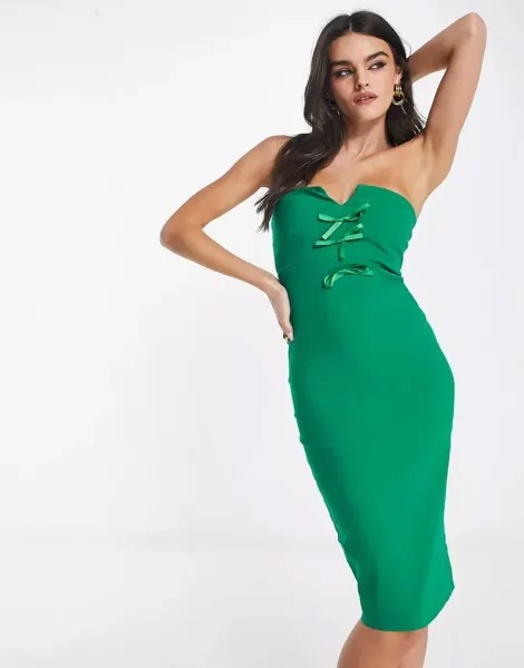 Зеленое платье миди без бретелек с бантом Vesper