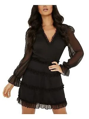 Женское черное мини-вечернее мини-платье QUIZ с длинными рукавами и V-образным вырезом на молнии + расклешенное платье 8
