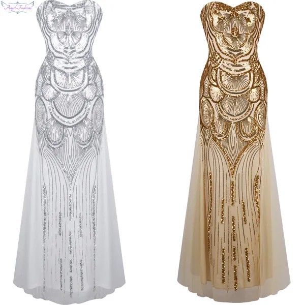 Женское вечернее платье без бретелек Angel-fashions, длинное фатиновое платье-трапеция с блестками, золотистого/серебристого цвета, Модель 186