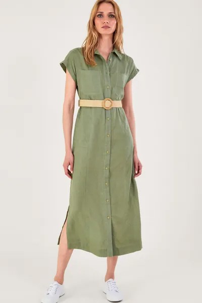 Зеленое платье миди с льном и поясом Monsoon, зеленый