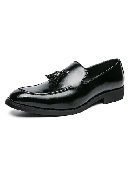 Milanoo Men Shoes Fashion Round Toe Slip-On PU Leather Black Oxfords