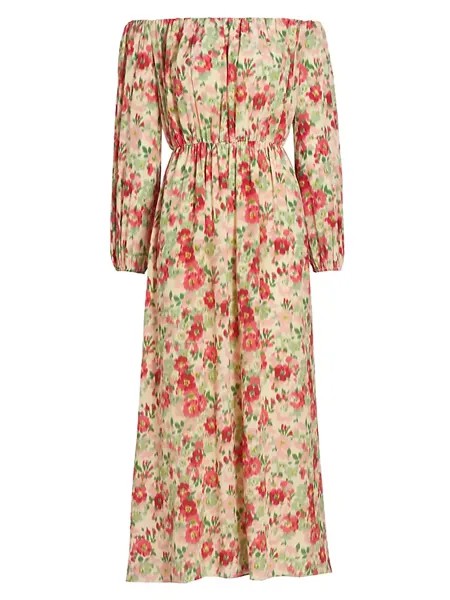Шелковое платье с открытыми плечами с цветочным принтом Adam Lippes, мультиколор
