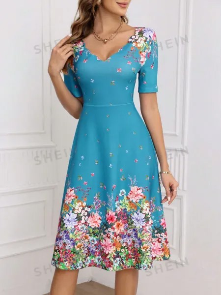 SHEIN Clasi Женское платье миди с v-образным вырезом и короткими рукавами с цветочным принтом, голубые