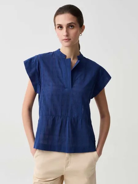 Блуза с клетчатым узором и вышивкой à jour Ovs, цвет navy blue
