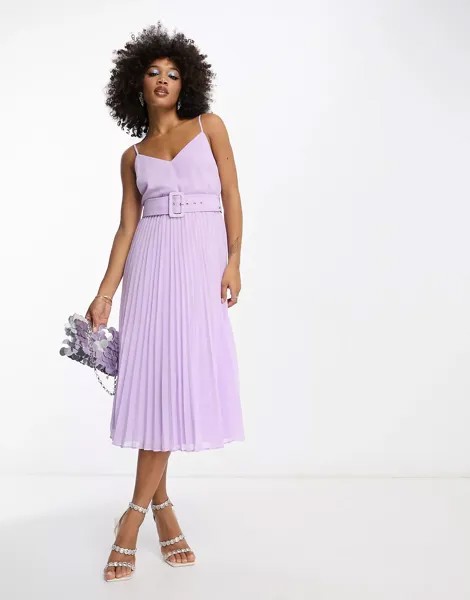 Плиссированное платье-миди Asos Design Cami With Self-Covered Belt, лиловый