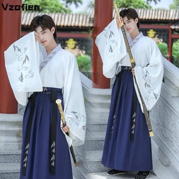Традиционный мужской костюм Hanfu в стиле ретро с вышивкой, мужской костюм династии Тан, Ранняя династия Хань, народный костюм для косплея на Х...