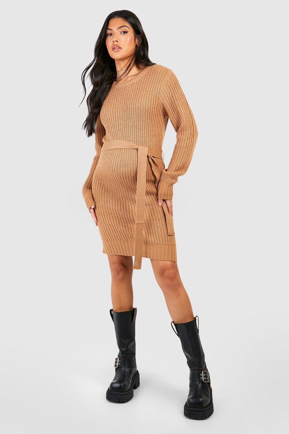 Мягкое трикотажное платье-джемпер с завязкой на талии для беременных boohoo, бежевый