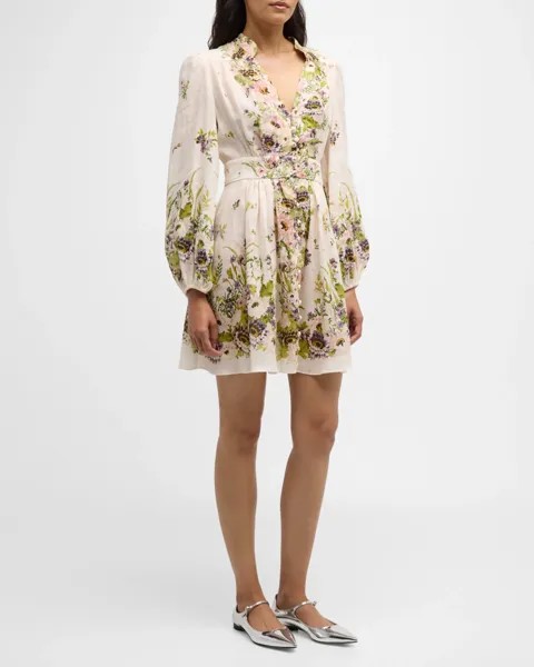 Мини-платье Halliday с глубоким вырезом Zimmermann, цвет Cream Multi Floral