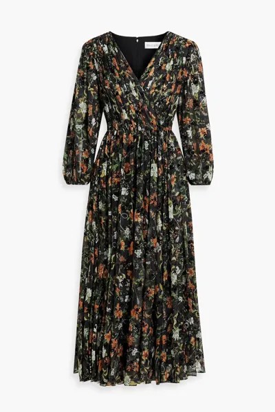 Платье миди из флокированного шифона с цветочным принтом Mikael Aghal, черный