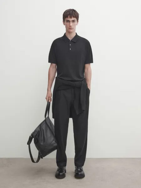 Свитер-поло из смесового хлопка Massimo Dutti, черный