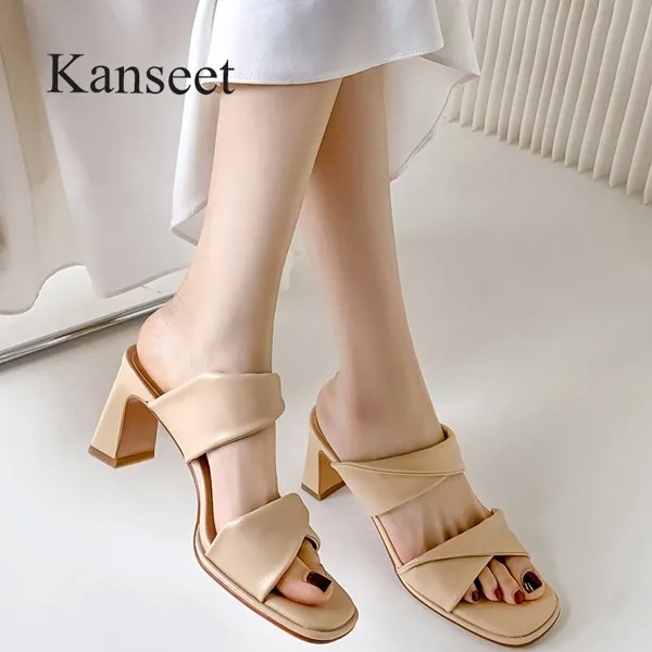 Новинка 2022, летние модные женские тапочки Kanseet с открытым носком на высоком каблуке, обувь ручной работы из микрофибры с квадратным носком, абрикосового цвета, размер 40