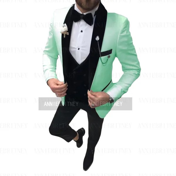 Костюм мужской мятного цвета с поясом, смокинг, блейзер и брюки, приталенный силуэт, брюки для свадьбы