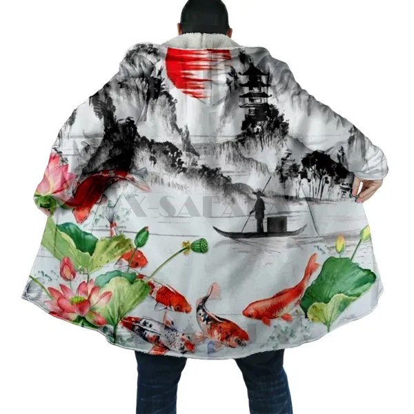 Японская толстовка с капюшоном Lotus Koi Fish Yin Yang с 3D принтом, длинная спортивная верхняя одежда, одеяло с капюшоном, плащ, Толстая куртка, хлопок, кашемир, флис